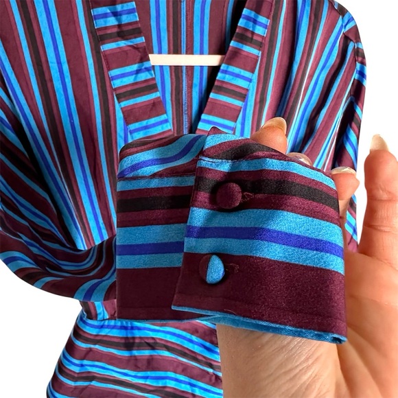 I.N.C Wrap Blouse Long Sleeves Maroon & Blue Stripes Woman’s Small Satin Blouse - Picture 6 of 8